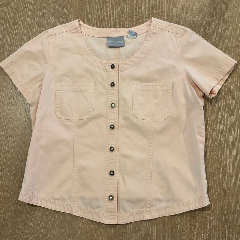 First Issue Liz Claiborne Womens Pink Short Sleeve Button Front Shirt Pockets 12